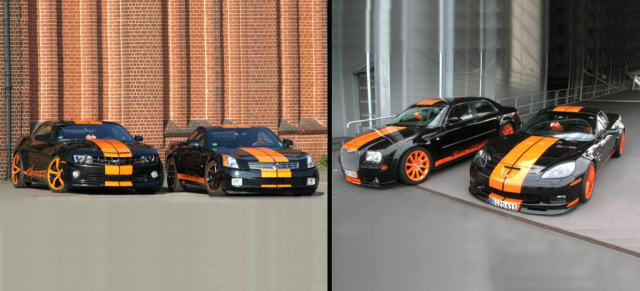 Amerikanische Autos im Partner-Look: Die 4 Muske(l)tiere: Das US-Car Muskelpaket: 2006er Chrysler 300 SRT8 meets 2007er Chevrolet Corvette Z06 meets  2009er Cadillac XLR meets 2010er Chevrolet Camaro SS 