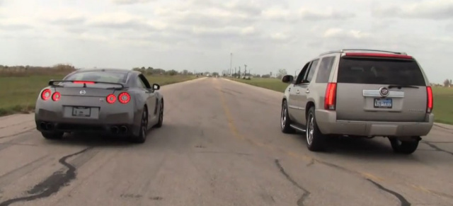 Cadillac vs. Goodzilla: Escalade-Monster  mit 1.000 PS: Der von US Tuner Hennessey getunter Cadillac SUV  macht im Video mit einem Nissan GT-R kurzen Prozess! 